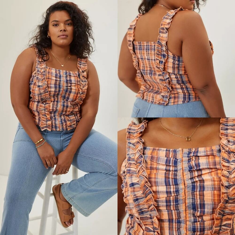 NWT Verb Anthropologie Ruffled Plaid Tank in Orange Plaid